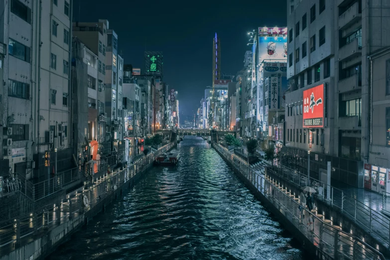 a river running through a city next to tall buildings, inspired by Kanō Naizen, unsplash contest winner, neon signs in background, feudal japan, canal, fujifilm”