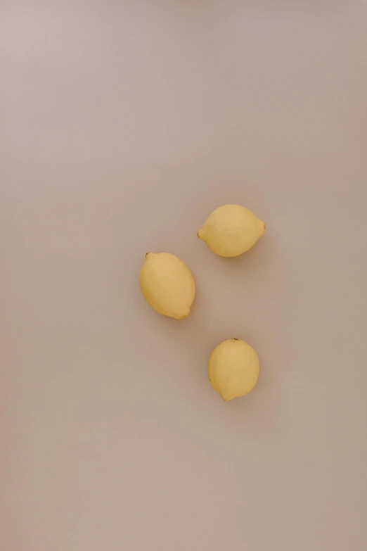 a couple of lemons sitting on top of a cutting board, by Alison Geissler, minimalism, smol, a high angle shot, seeds, three