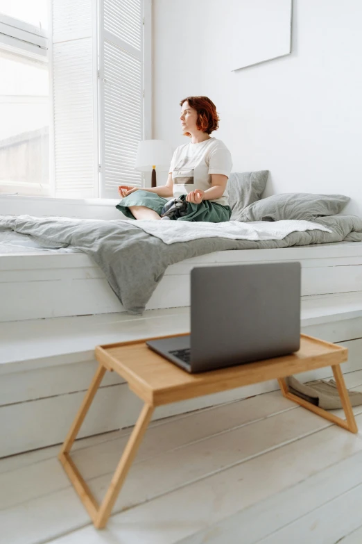 a woman sitting on a bed with a laptop, trending on reddit, wooden platforms, detailed product image, dwell, brown