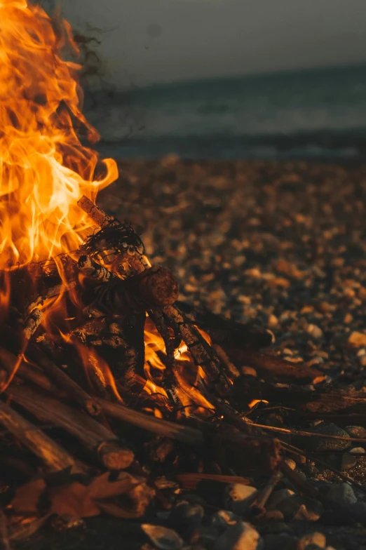 a bonfire sitting on top of a beach next to the ocean, pexels contest winner, renaissance, fire texture, profile image, up close shot, multiple stories