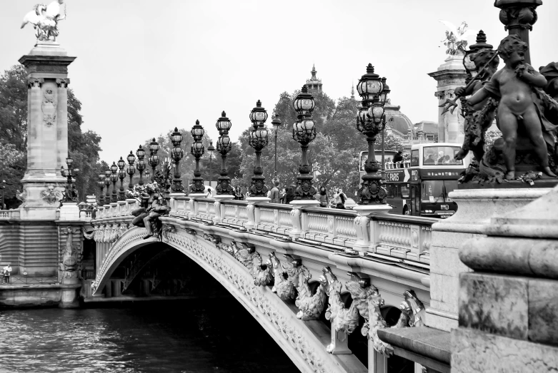 a black and white photo of a bridge, by François Girardon, pexels contest winner, ornate french architecture, lamp posts, 2 5 6 x 2 5 6, very romantic