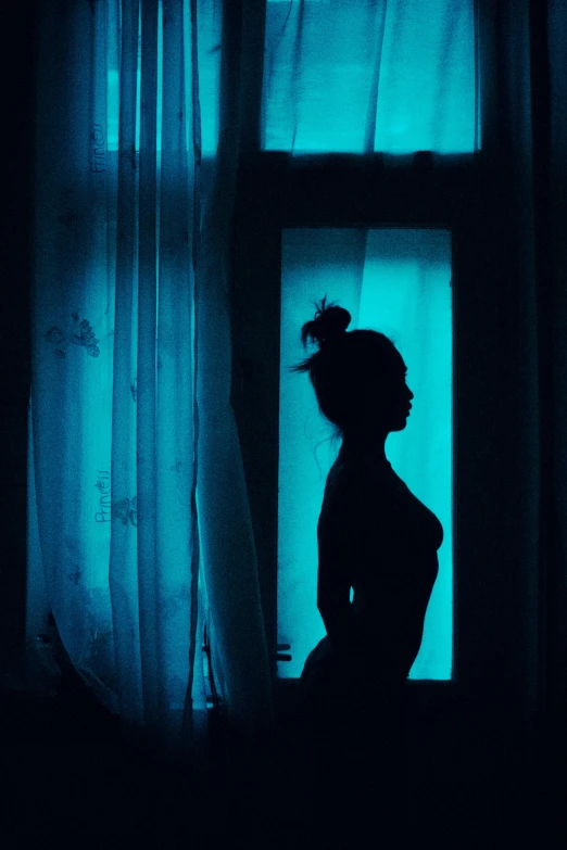 a silhouette of a woman standing in front of a window, inspired by Elsa Bleda, blue lighting, boudoir, dawn cgsociety, blue and cyan colors