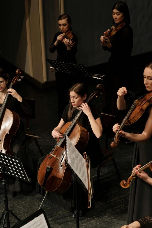 a group of women playing musical instruments on a stage, by Elizabeth Durack, shutterstock, baroque, on black background, square, orchestra, university