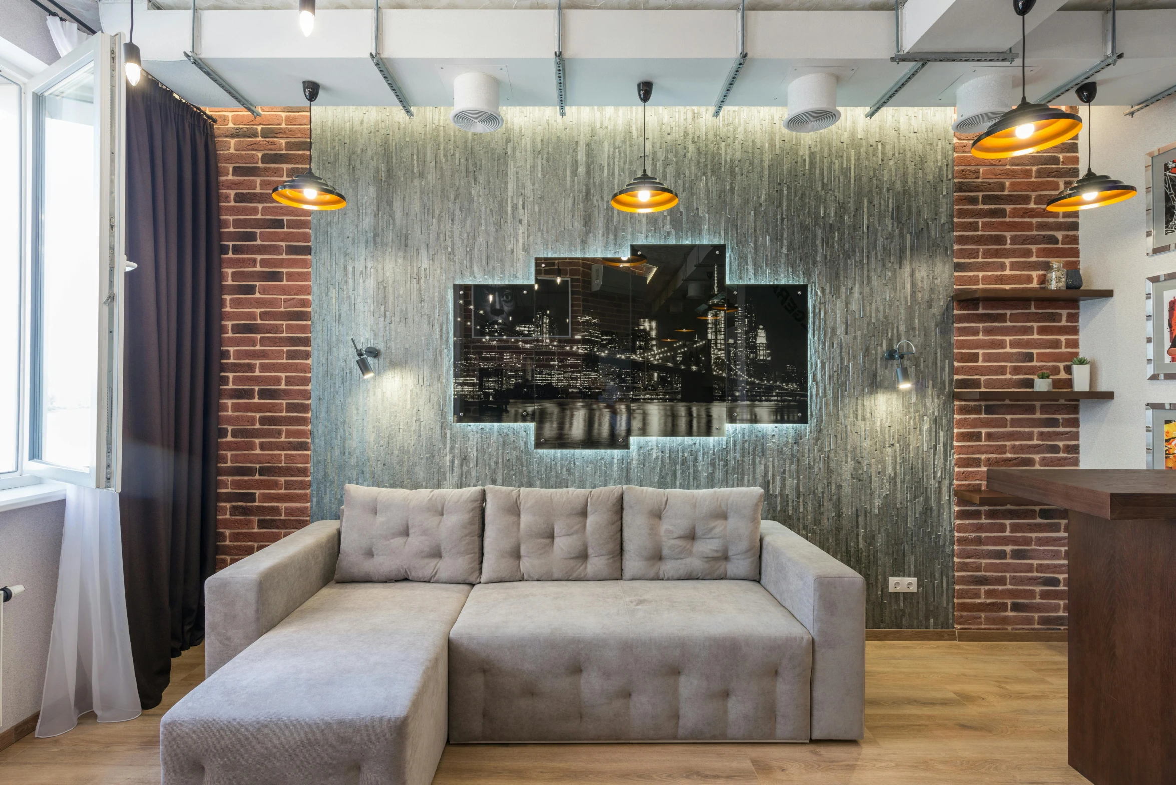 a couch sitting in a living room next to a window, a portrait, by Adam Marczyński, lyco art, metal cladding wall, multiple lights, rustic, neo kyiv