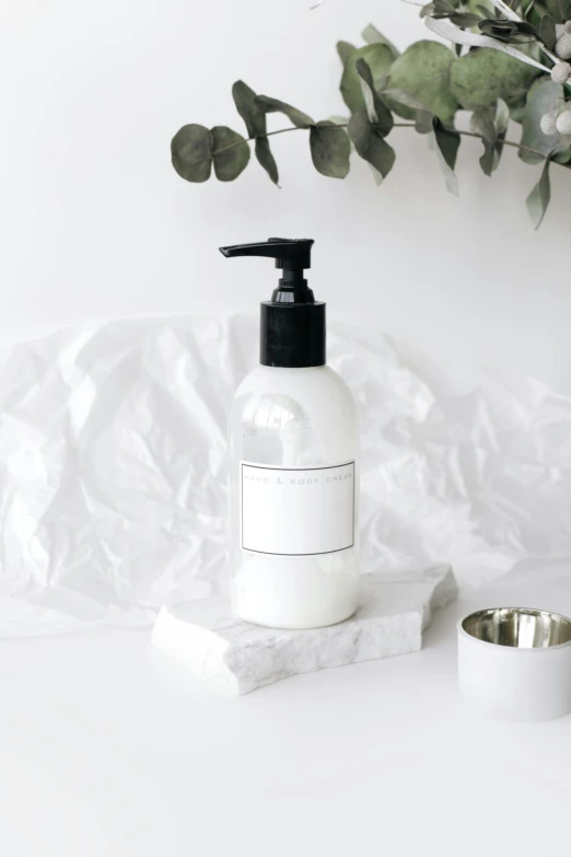 a bottle of liquid sitting on top of a table, a black and white photo, by Ruth Simpson, unsplash, art nouveau, skincare, cream white background, on a marble pedestal, sleek hands