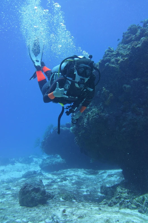 a person that is diving in the water, rocky terrain, covered in coral