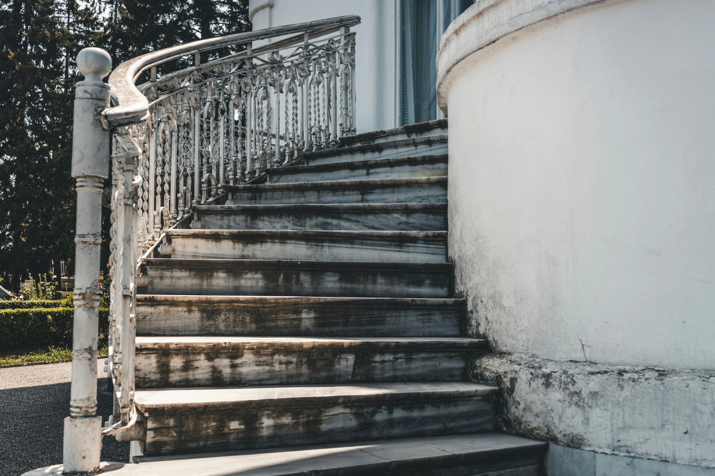 a person riding a skateboard down a set of stairs, pexels contest winner, neoclassicism, silver，ivory, stone stairway, deteriorated, curvy build