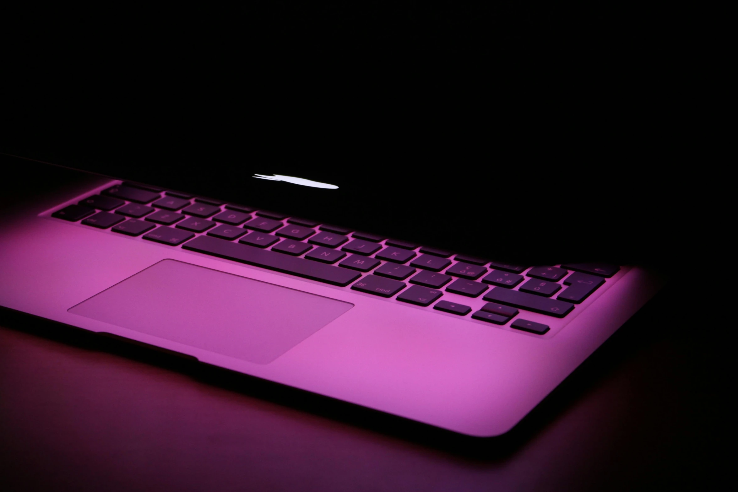 a laptop computer sitting on top of a table, by Joe Bowler, pexels, computer art, bright pink purple lights, with a black background, ((pink)), light pink