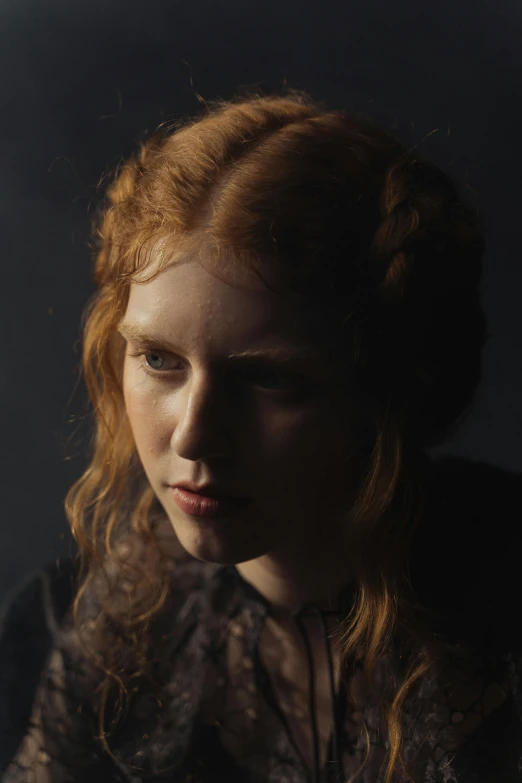 a close up of a woman with long red hair, inspired by Jean-Jacques Henner, unsplash, renaissance, nadav kander, by emmanuel lubezki, portrait of mia farrow, baroque curls