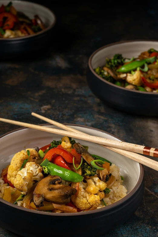 a close up of a bowl of food with chopsticks, inspired by Li Di, renaissance, paul barson, square, thai, crispy