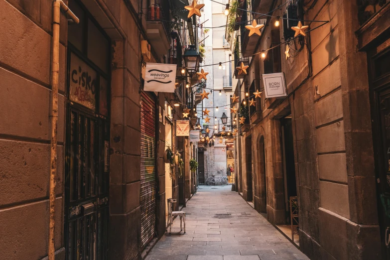 a narrow alley with signs hanging from the ceiling, pexels contest winner, fc barcelona, summer evening, an escape room in a small, 💋 💄 👠 👗