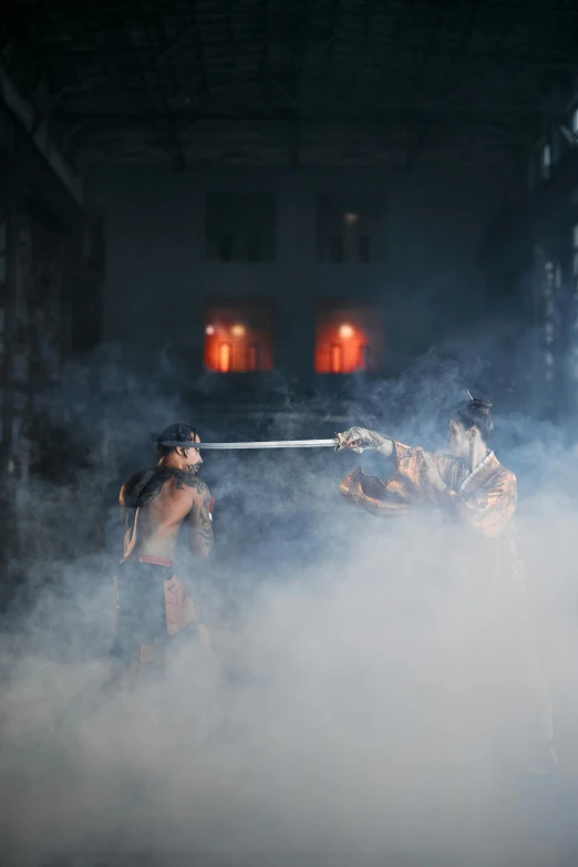 a group of men standing next to each other on a stage, inspired by Fu Baoshi, pexels contest winner, conceptual art, blows smoke, samurai portrait photo, facing each other, slide show