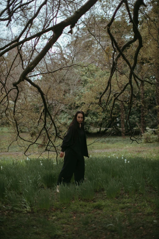 a woman standing under a tree in a field, an album cover, unsplash, wearing black robes, with his long black hair, sydney park, during spring