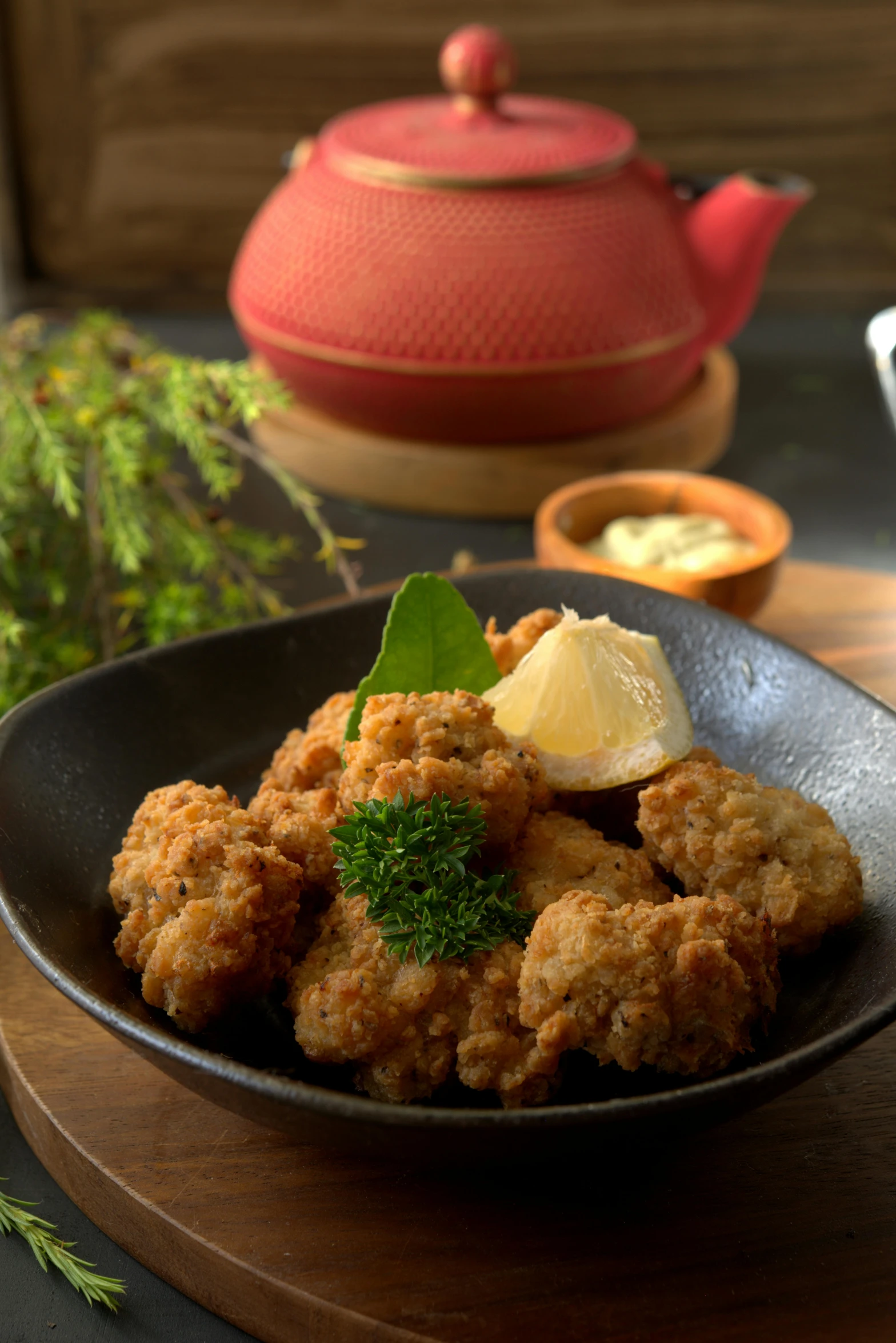 a close up of a plate of food on a table, sōsaku hanga, nugget, lemon, japanese collection product, thumbnail