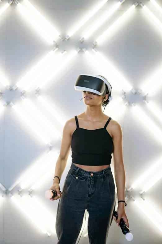 a woman wearing a virtual reality headset standing in front of a wall, “zendaya, hypercomplex, tech helmet, vanilla