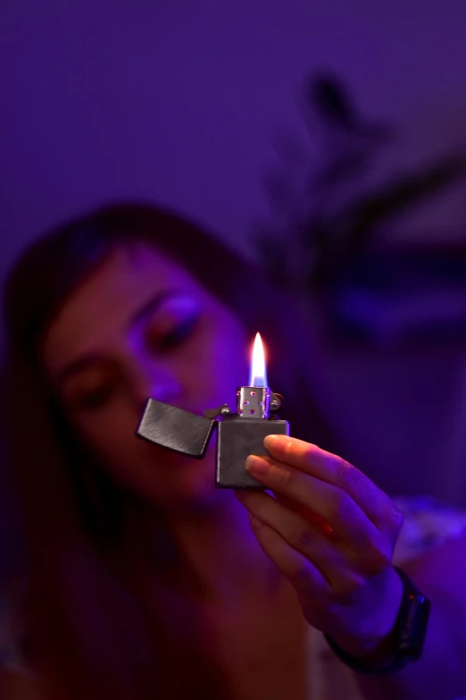 a woman holding a lighter in her hand, an album cover, inspired by Elsa Bleda, unsplash, hyperrealism, purple ambient light, smoking weed, nightlife, profile image