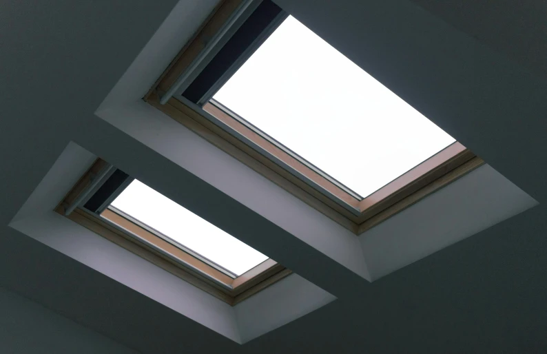 a couple of skylights that are above a bed, by Eglon van der Neer, unsplash, very flat shading, cold colour temperature, gradient brown to white, flat shading