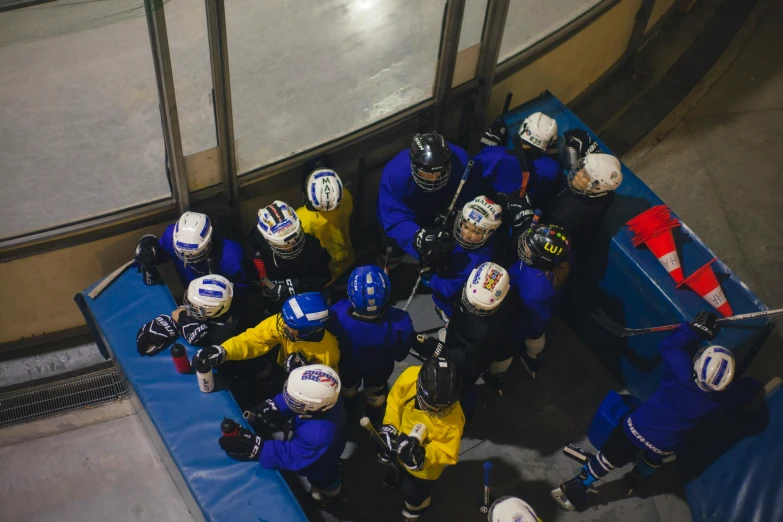 a group of people playing a game of ice hockey, helmets, looking down from above, lynn skordal, children