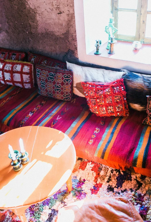 a living room filled with lots of colorful furniture, inspired by Riad Beyrouti, trending on unsplash, les nabis, interior of a mountain hut, 2 5 6 x 2 5 6 pixels, beautifully soft lit, interior of a small