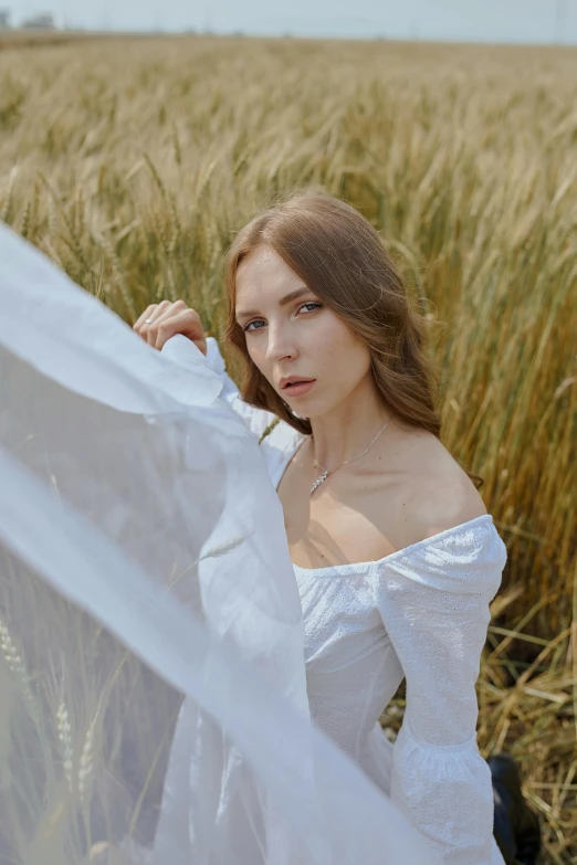 a woman in a white dress standing in a field, an album cover, inspired by Apollinary Vasnetsov, pexels contest winner, renaissance, portrait sophie mudd, wearing a blouse, rye (shishkin), high quality image