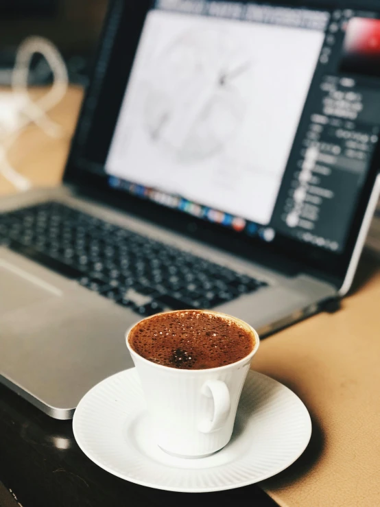 a cup of coffee on a saucer next to a laptop, by Adam Rex, turkish and russian, behance lemanoosh, built on a small, no cropping