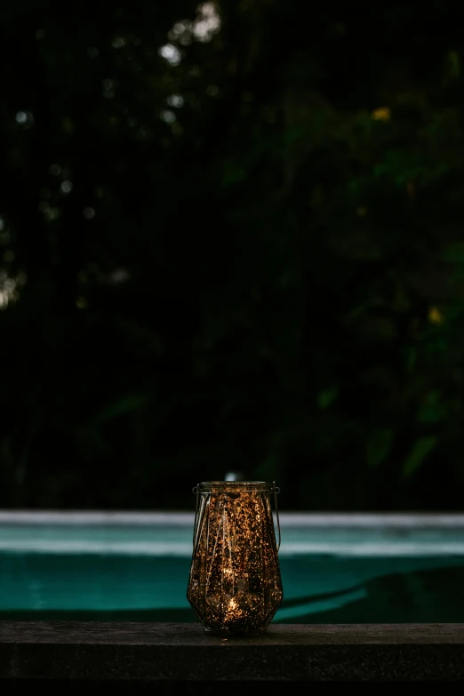 a lit candle sitting on a ledge next to a pool, jungle vines and fireflies, gold dappled lighting, detailed shot, charcoal and champagne