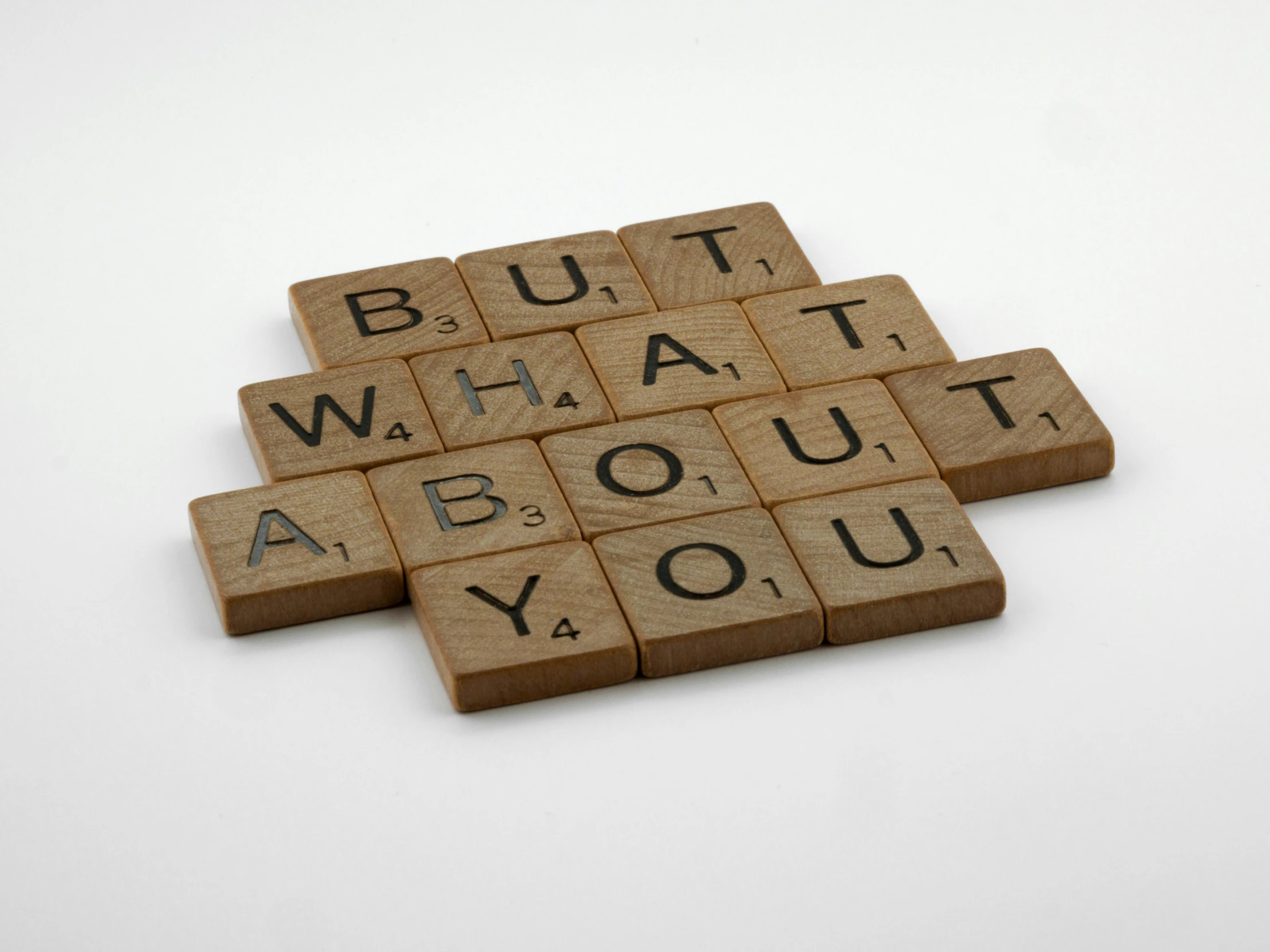 a scrabble that says, but what about you?, by Carol Sutton, wooden, 0