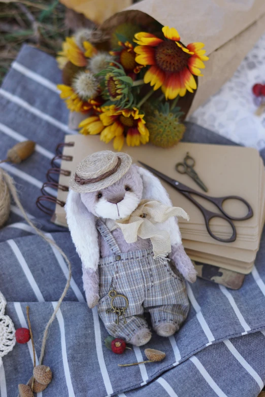 a couple of stuffed animals sitting on top of a table, inspired by Beatrix Potter, pixabay contest winner, rustic setting, wearing a straw hat and overalls, 🍂 cute, mini model