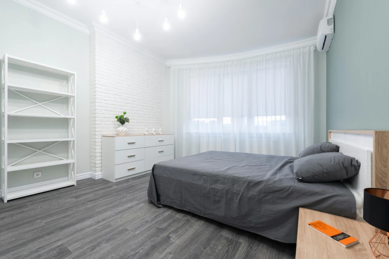 a bed room with a neatly made bed, by Adam Marczyński, pexels contest winner, angular dynamic white rock floor, flat grey, neo kyiv, фото девушка курит