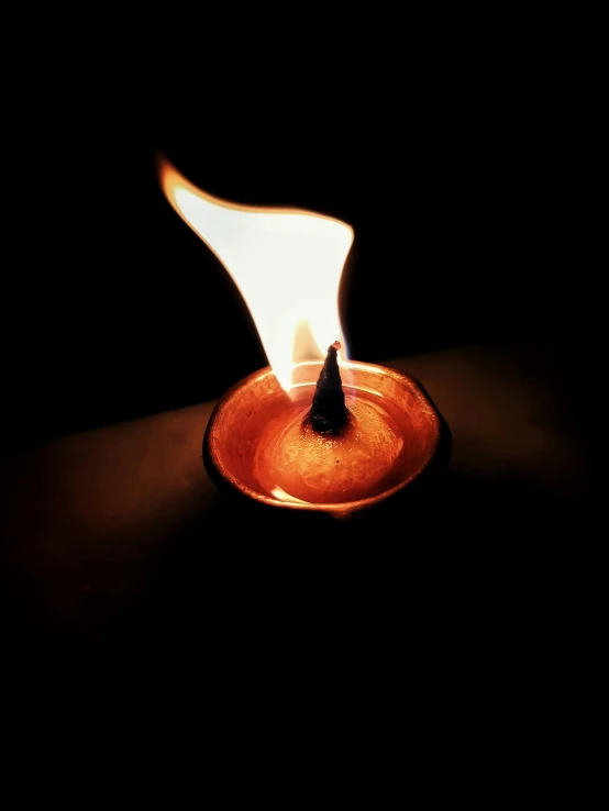 a lit candle in the dark on a table, profile image, tiny firespitter, light cone, promo image