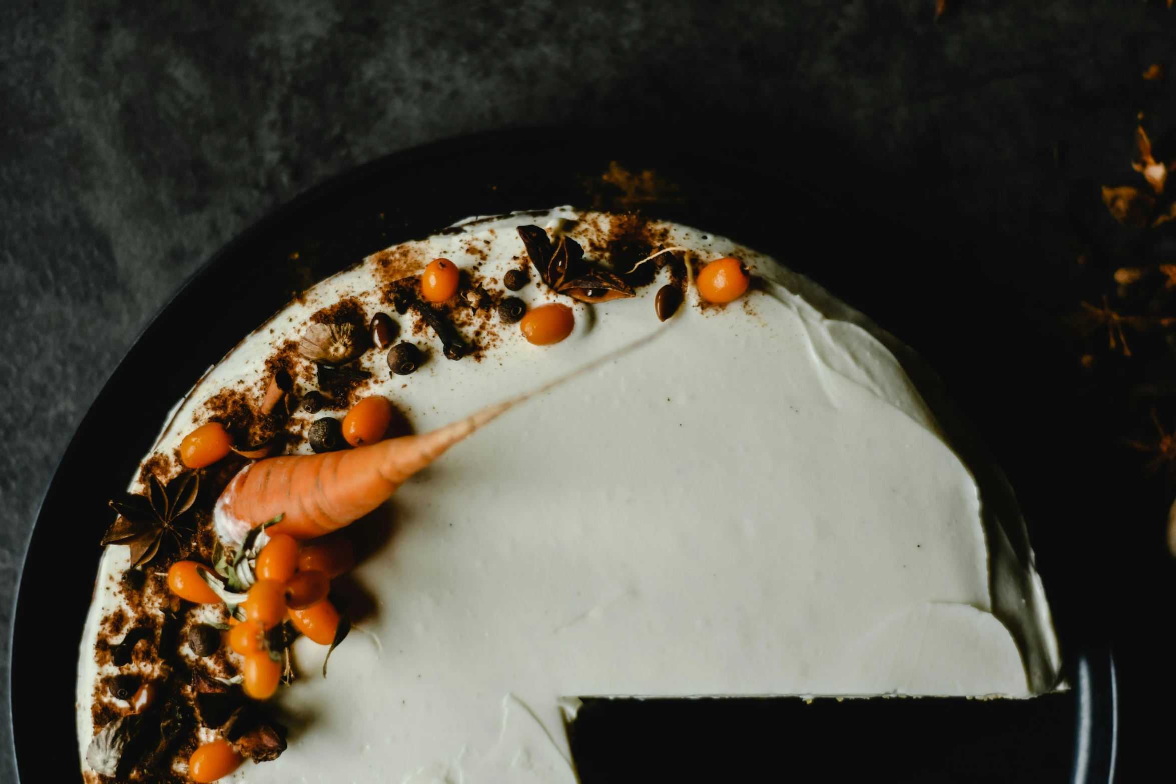 a carrot cake with a slice taken out of it, by Carey Morris, trending on unsplash, renaissance, high - contrast, épaule devant pose, high angle close up shot, 15081959 21121991 01012000 4k