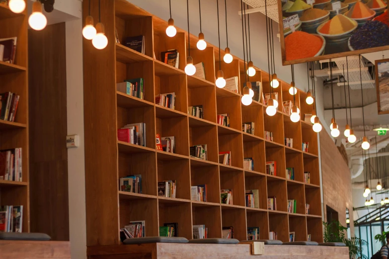 a library filled with lots of books and lots of lights, by Jessie Algie, unsplash, light and space, simple wood shelves, small hipster coffee shop, 3/4 view from below, edward okun