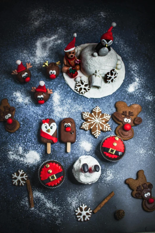 a bunch of cookies sitting on top of a table, inspired by Rudolph F. Ingerle, 4k polymer clay food photography, thumbnail, grey, santa