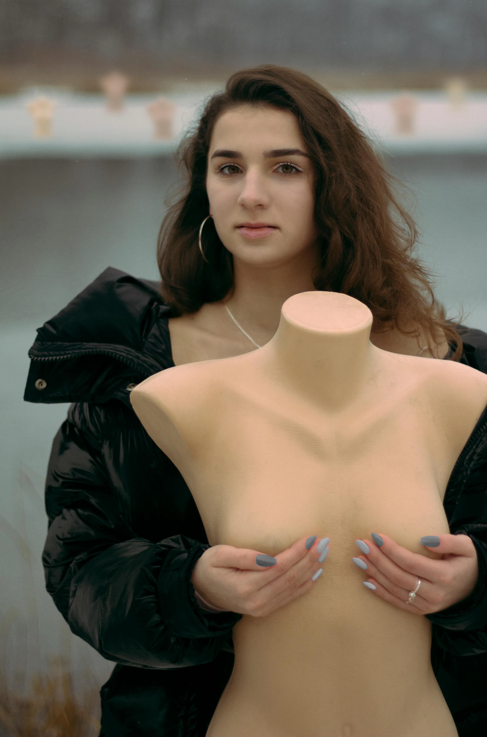 a woman standing next to a mannequin in front of a body of water, inspired by Vanessa Beecroft, featured on reddit, renaissance, close up portrait bust of woman, yael shelbia, on a mannequin. high quality, portrait bust of young woman