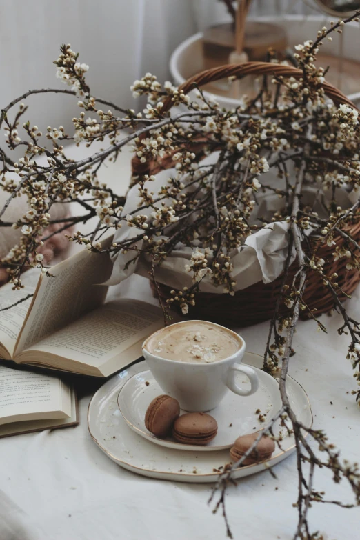 an open book sitting on top of a table next to a cup of coffee, a still life, pexels contest winner, romanticism, branches sprouting from her head, brown and white color scheme, gif, during spring