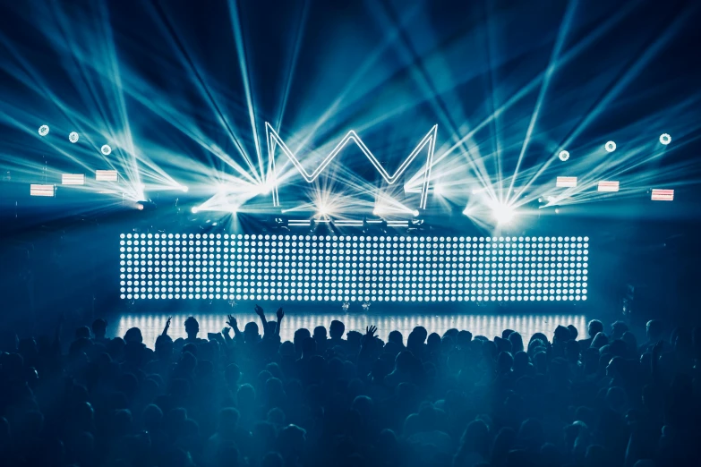 a group of people standing in front of a stage, by Adam Marczyński, crown of (white lasers), nightclub background, masterpiece, vmk myvmk