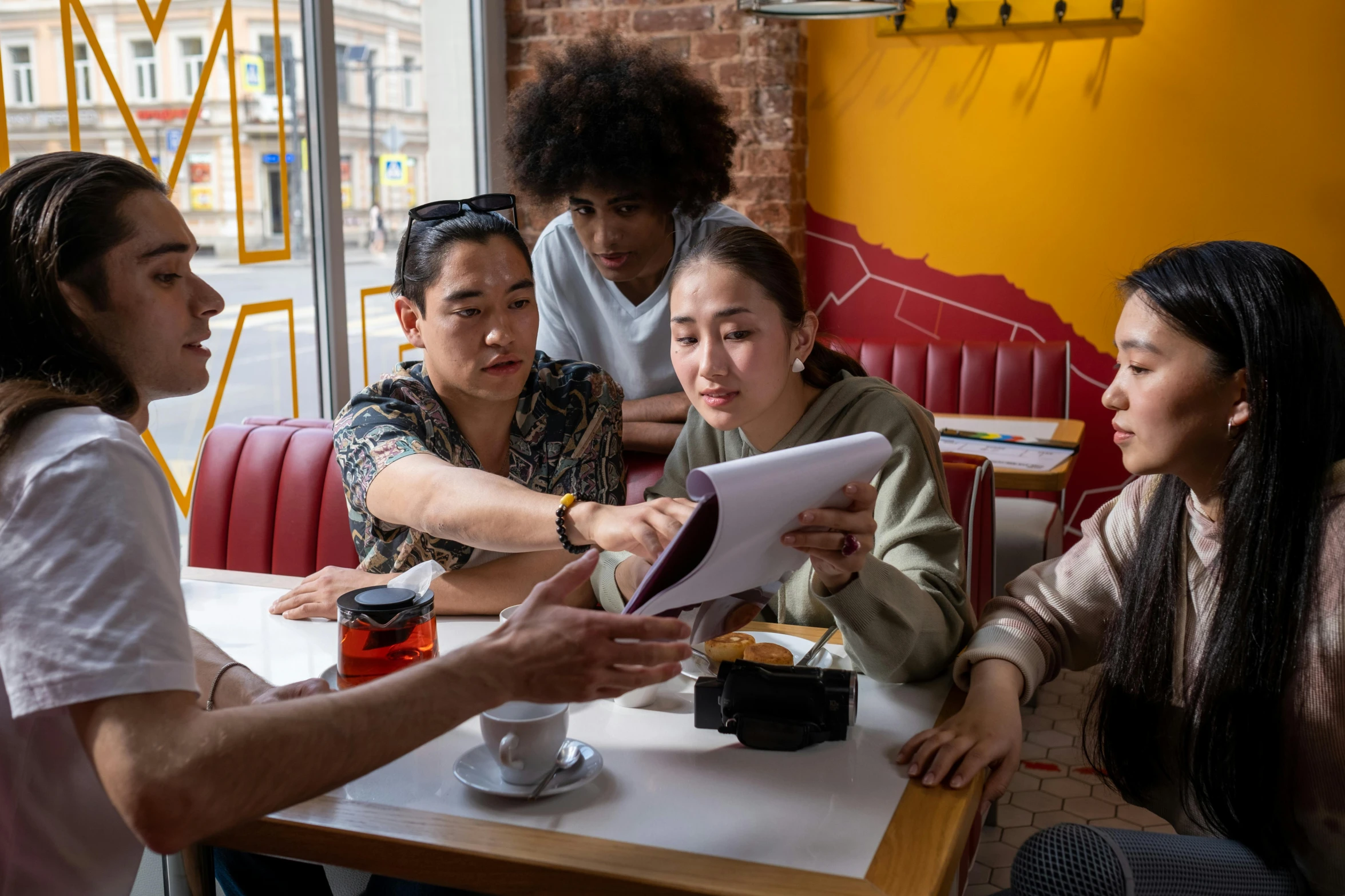 a group of people sitting around a table, pexels contest winner, photorealism, aussie baristas, fiona staples and kinu nishimura, restaurant menu photo, chinatown bar
