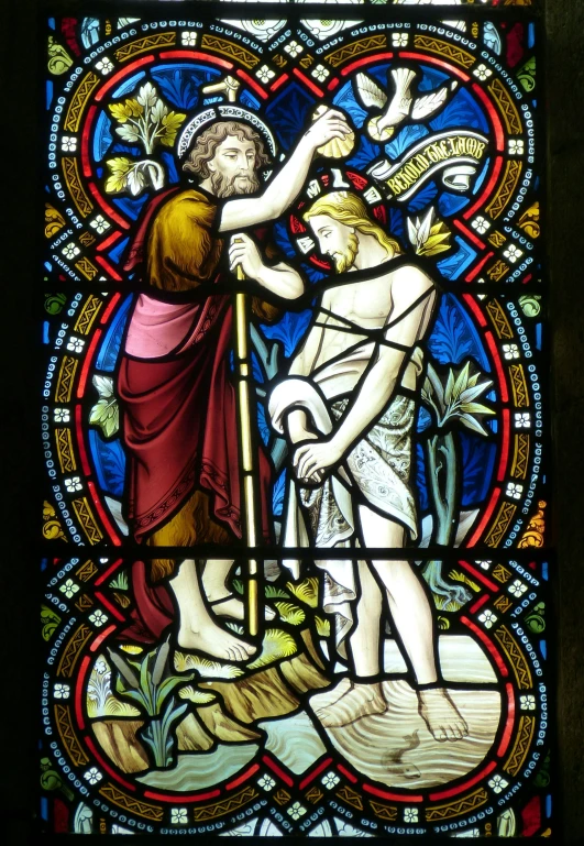 a stained glass window depicting the baptism of jesus, by Kev Walker, charles bowater, 3 4 5 3 1, crucifixion, ap