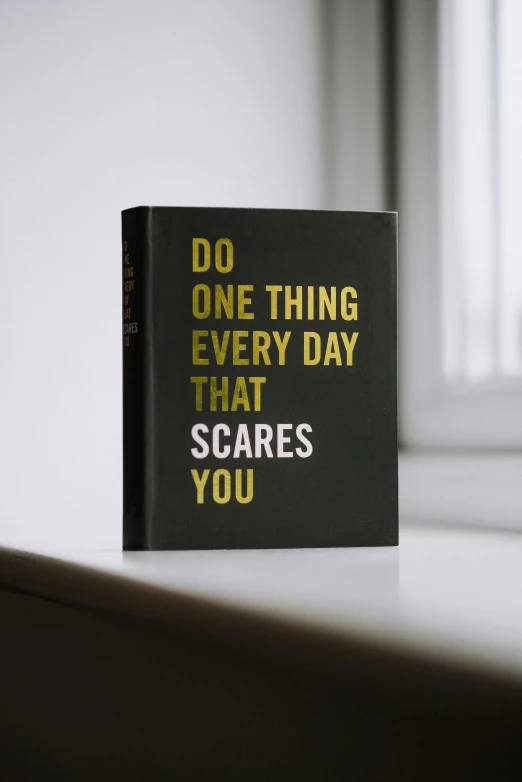 the book do one thing every day that scares you, a picture, by Dulah Marie Evans, pexels, happening, on a gray background, looking threatening, full - view, photography of kurzgesagt