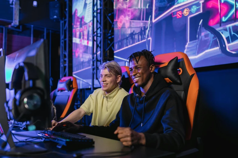 a couple of people sitting in front of a computer, esports, avatar image, london, high quality image