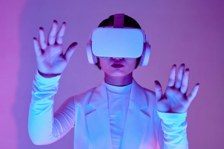 a woman wearing a virtual reality headset, inspired by Beeple, trending on pexels, purple ambient light, wearing futuristic white suit, instagram post, first-person