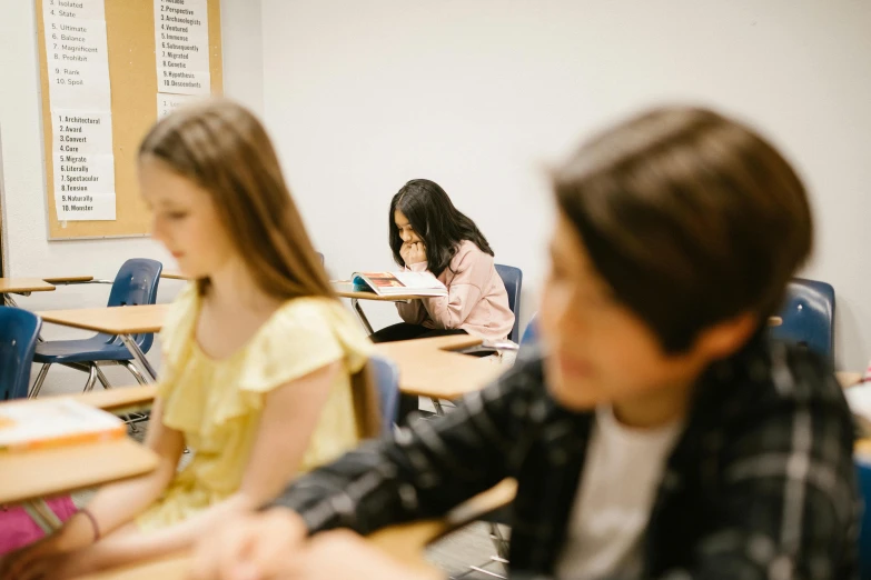 a group of children sitting at desks in a classroom, by Nicolette Macnamara, pexels contest winner, vancouver school, unfocused, teenagers, background image, thumbnail