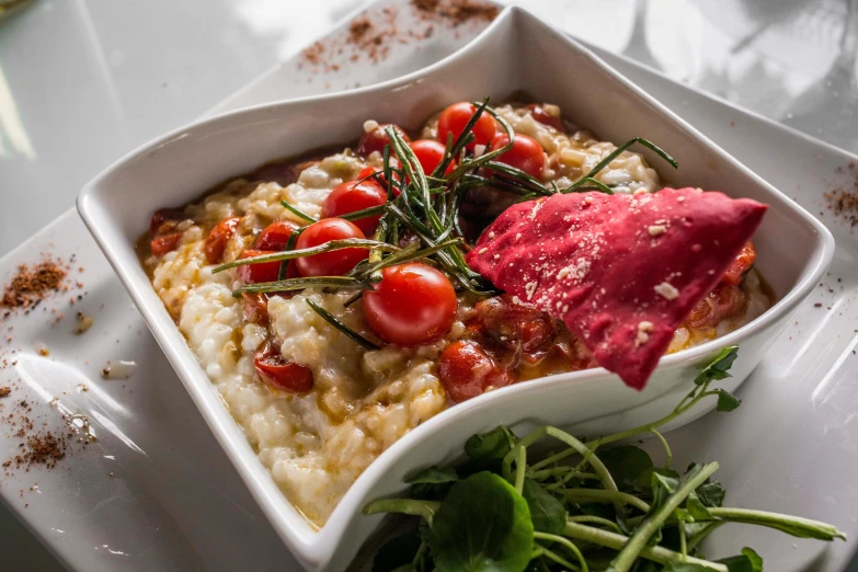 a close up of a bowl of food on a plate, renaissance, square, humus, large cornicione, daily specials