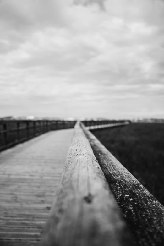 a black and white photo of a boardwalk, process art, depth of field!, cinematic shot ar 9:16 -n 6 -g, marshes, guardrails