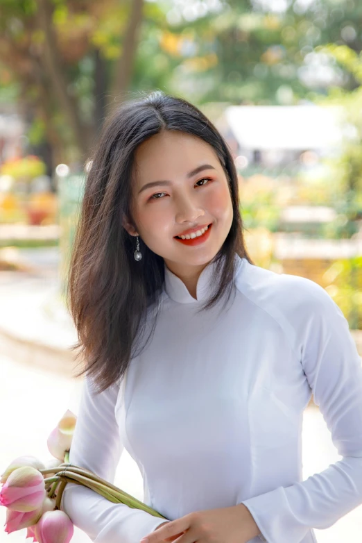 a woman in a white dress holding a bouquet of flowers, inspired by Cheng Jiasui, in white turtleneck shirt, vietnamese woman, square, 奈良美智