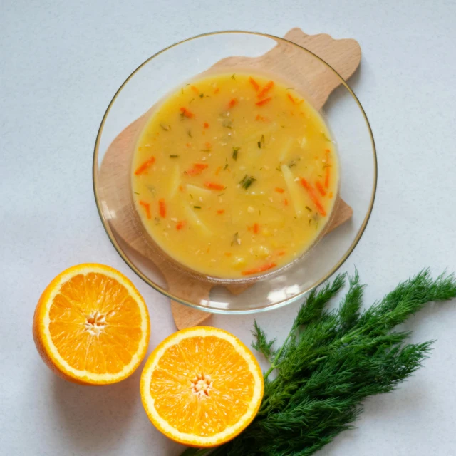 a bowl of soup with a slice of orange next to it, inspired by Géza Dósa, high quality product image”, gradins view, khrushchyovkas, thumbnail