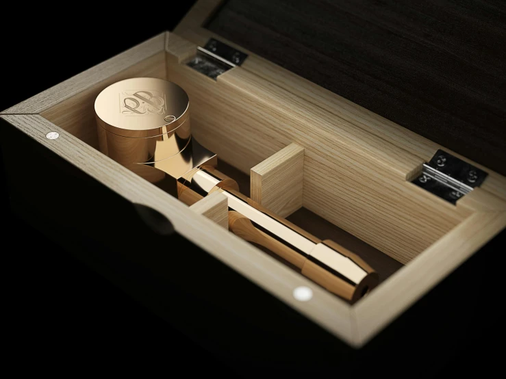 a wooden box with a pair of scissors in it, by Eden Box, glass and gold pipes, award-winning render, engraved, thumbnail