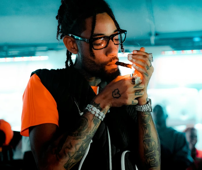 a man with dreadlocks smoking a cigarette, a cartoon, trending on pexels, nipsey hussle, wears glasses, high lights, drinking