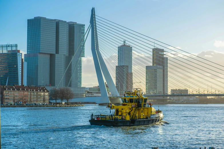 a tug boat in a body of water with a city in the background, a picture, by Jacob Toorenvliet, maintenance photo, van lieven, slide show, 🚿🗝📝