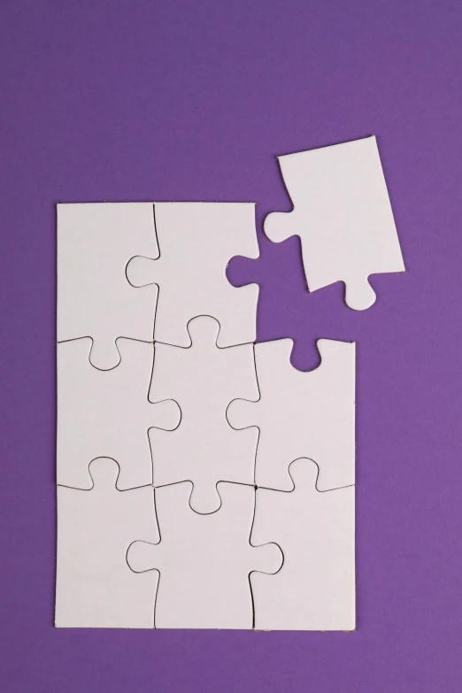 a white puzzle piece laying on top of a purple surface, by artist, pexels contest winner, paper cutouts of plain colors, 1 6 x 1 6, no - text no - logo, game board